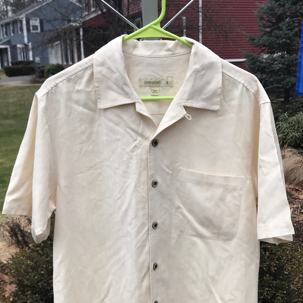 Joseph & Feiss Button Up Shirt Mens Sz M Cream Short Sleeve 100% Silk w/ Pocket